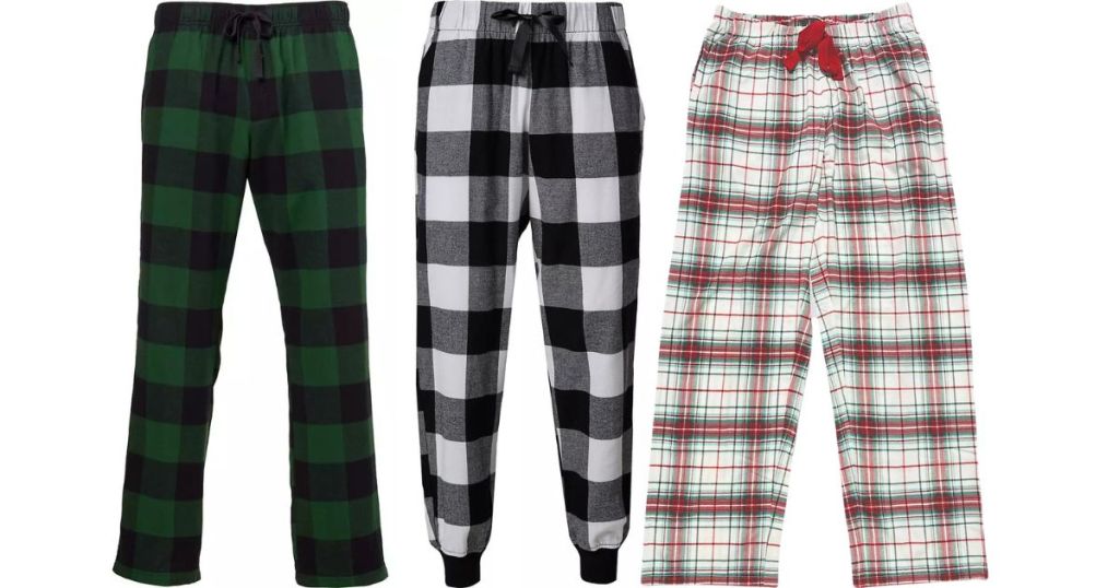 green plaid, black and white plaid and green and red plaid pajama pants