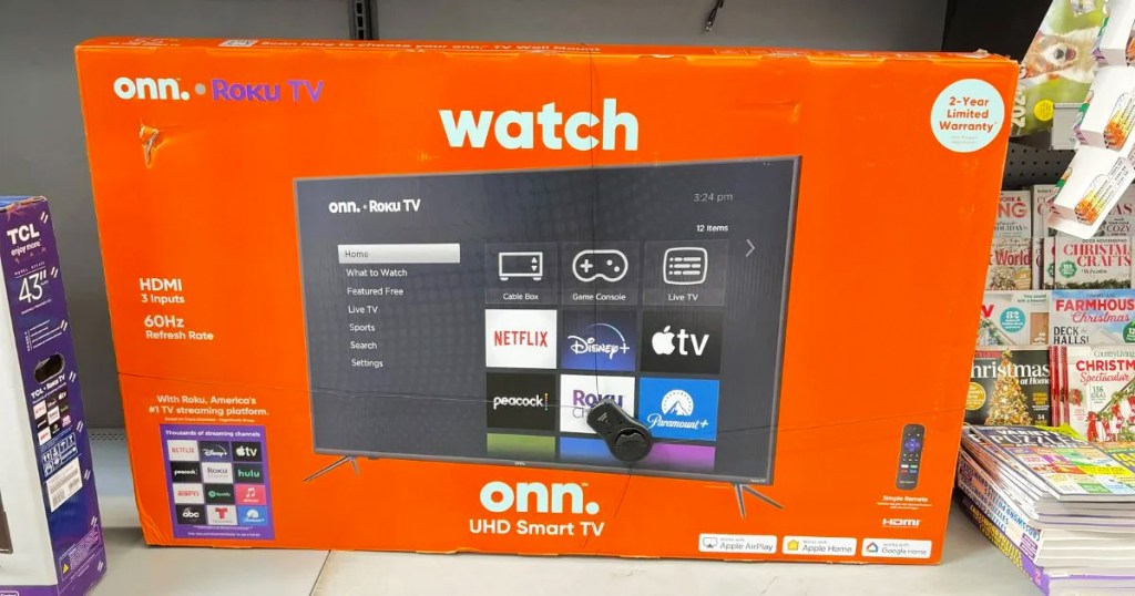 onn Roku TV box on store shelf