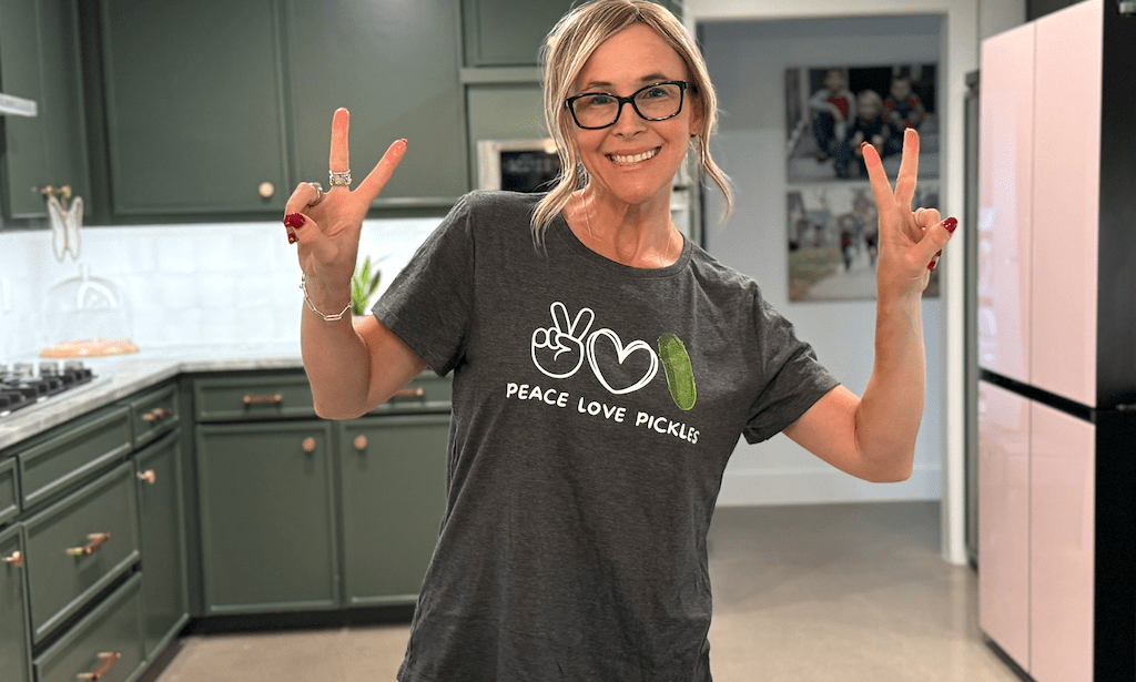 woman wearing Peace Love Pickles shirt 