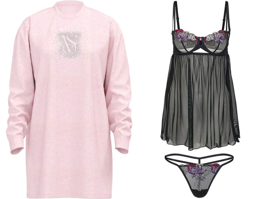 victorias secret pink sleepshirt and black floral lingerie 