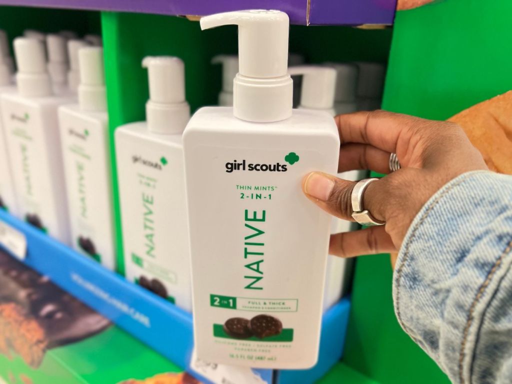 Native thin Mints Shampoo and Conditioner in person's hand at Target