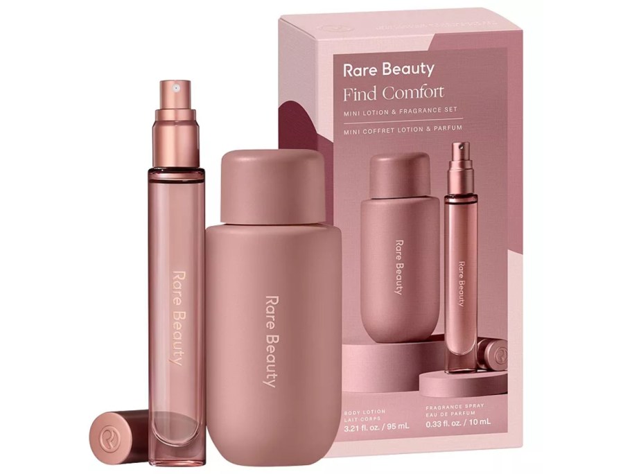 a pink bottle of lotion and a pink small spray bottle of perfume next to the box it comes in