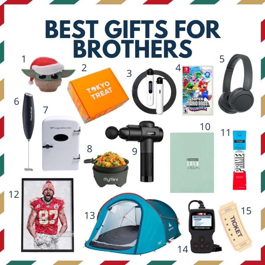 collage of best gifts for brothers gift guide with various numbered stock photos of gift ideas