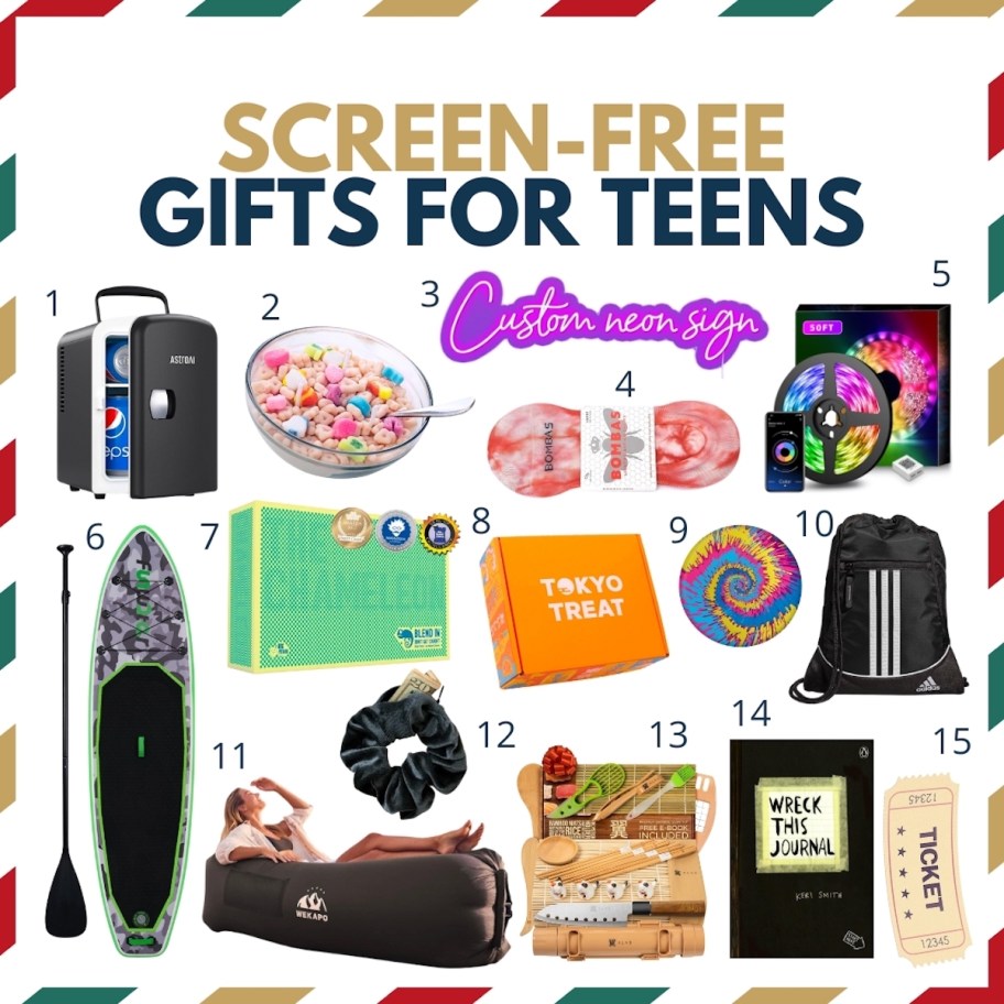 screen free gifts for teens collage graphic with various stock photos of gifts on white background