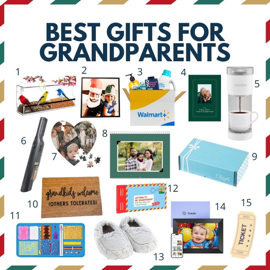 collage of best gifts for grandparents with numbered stock photos of items