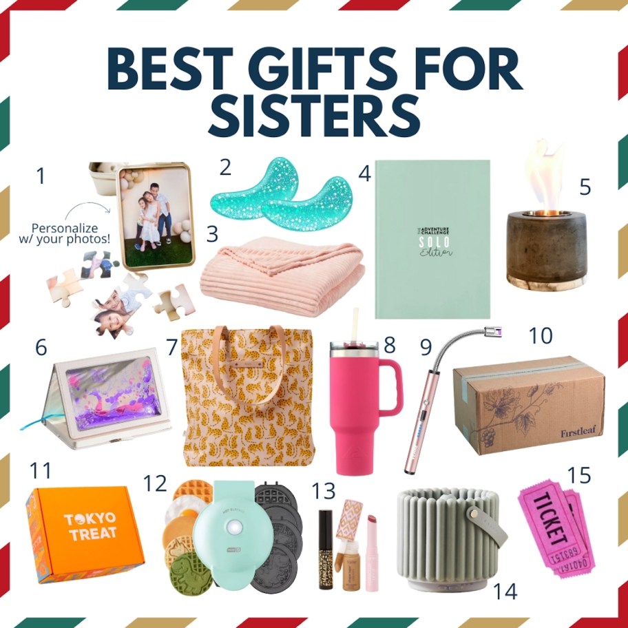 collage graphic of best gifts for sisters with various numbered stock photos of gift ideas