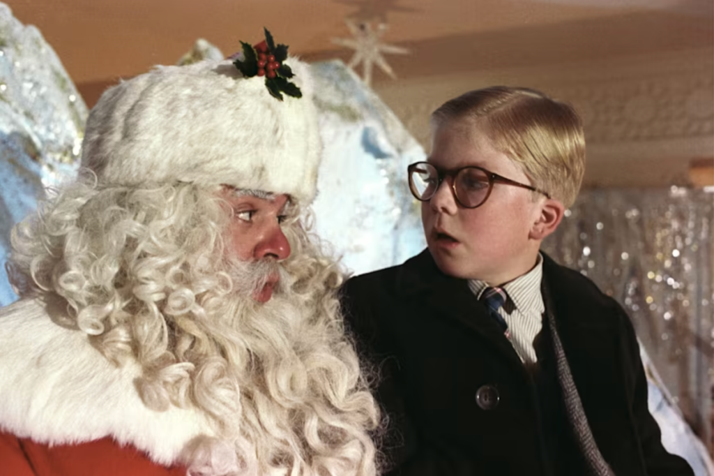 A scene of Ralphie and Santa from A Christmas Story