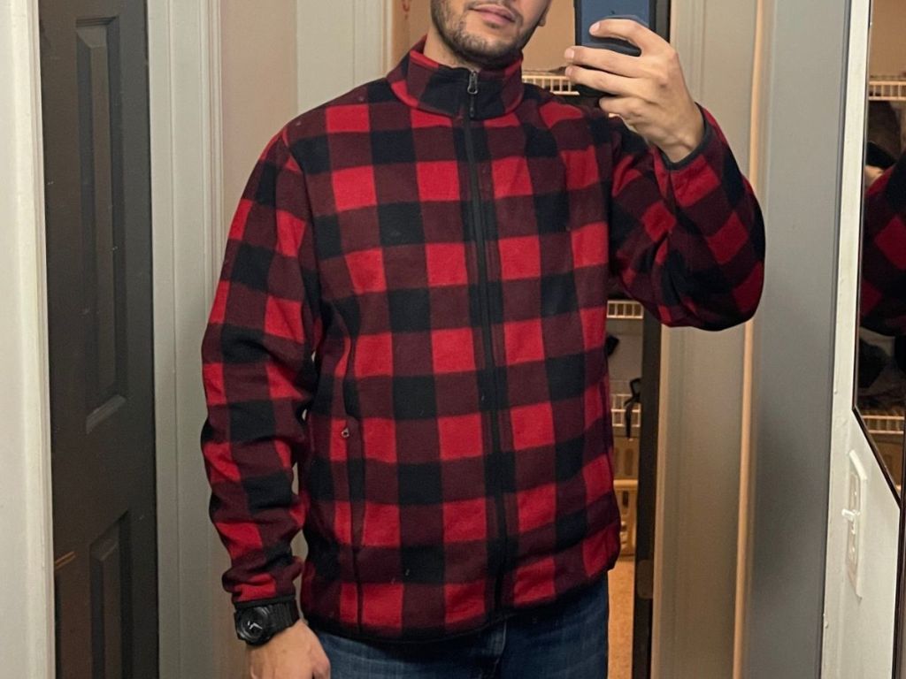 man wearing an Amazon Essentials Buffalo Plaid Fleece