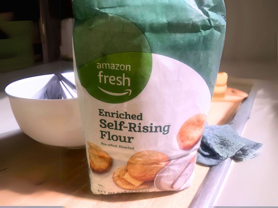 Amazon Fresh Enriched Self-Rising Flour 5-Pound Bag on counter