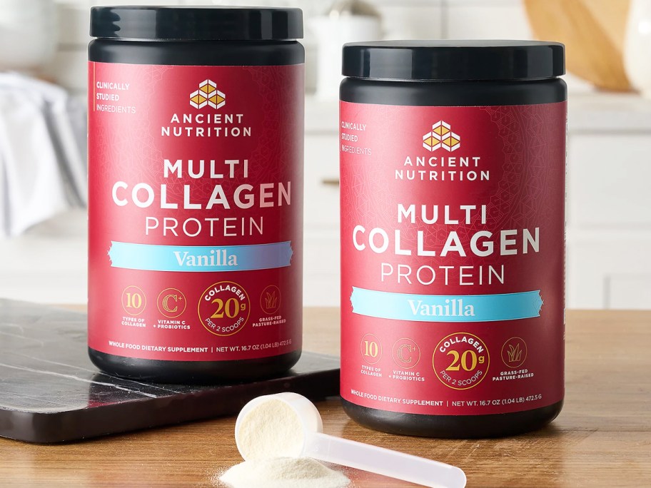 two jars of vanilla flavored Ancient Nutrition Multi Collagen Protein 