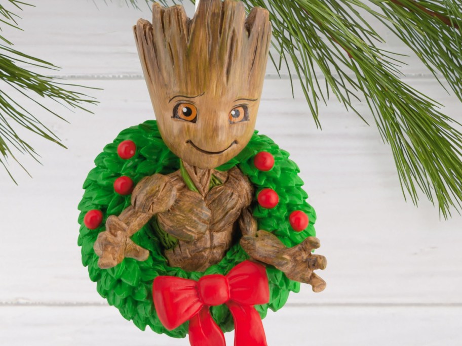 Galaxy wood character inside a wreath christmas ornament