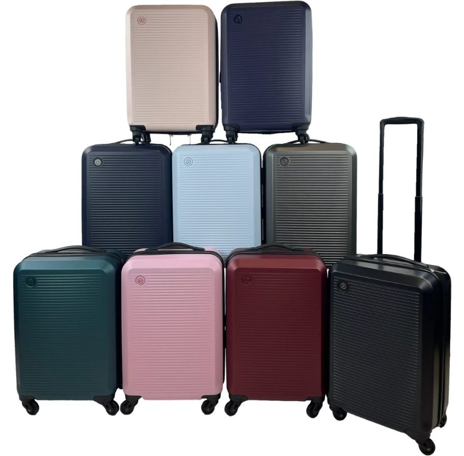 9 different colors of hardsided carry on luggage stacked