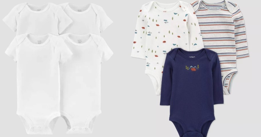 4 white baby bodysuits and a 3 pack in navy blue, white and grey with little animals on them