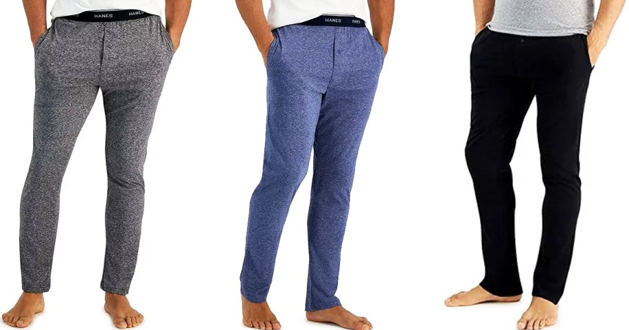 three men in grey, blue, and black sleep pants
