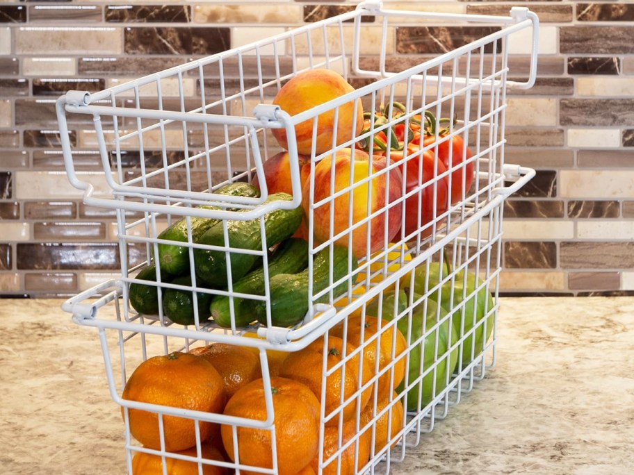 white stacking metal baskets