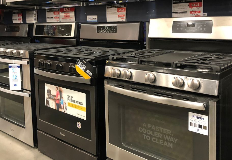 a row of display ranges in a lowes store