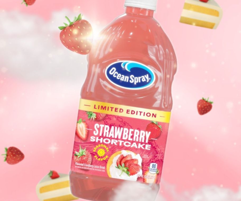 Ocean Spray Strawberry Shortcake floating in a pink sky