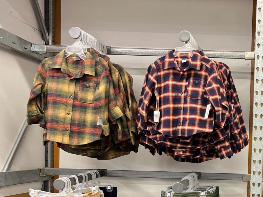 Old Navy Toddler Boys Flannel Shirts hanging in store