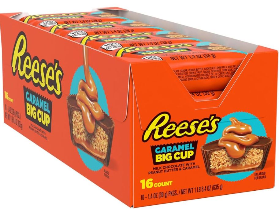 A large box of Reese's Caramel Big Cups