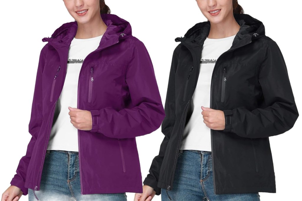 women in eggplant and black rain jackets