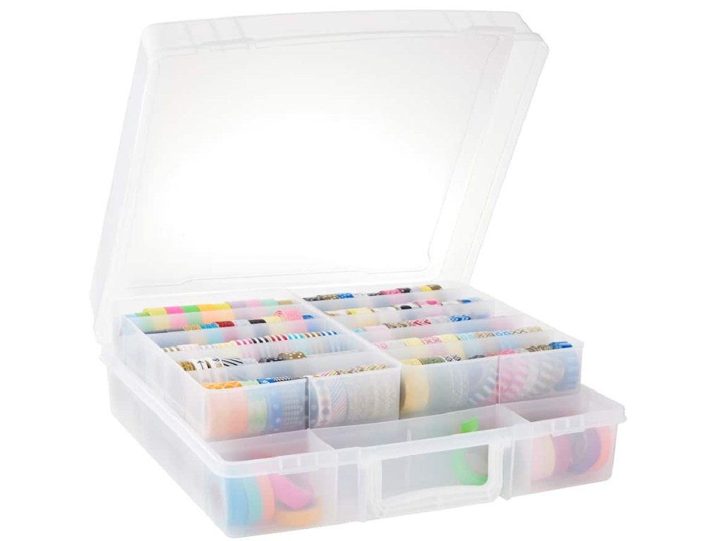 display of clear washi tape bin with items inside of it