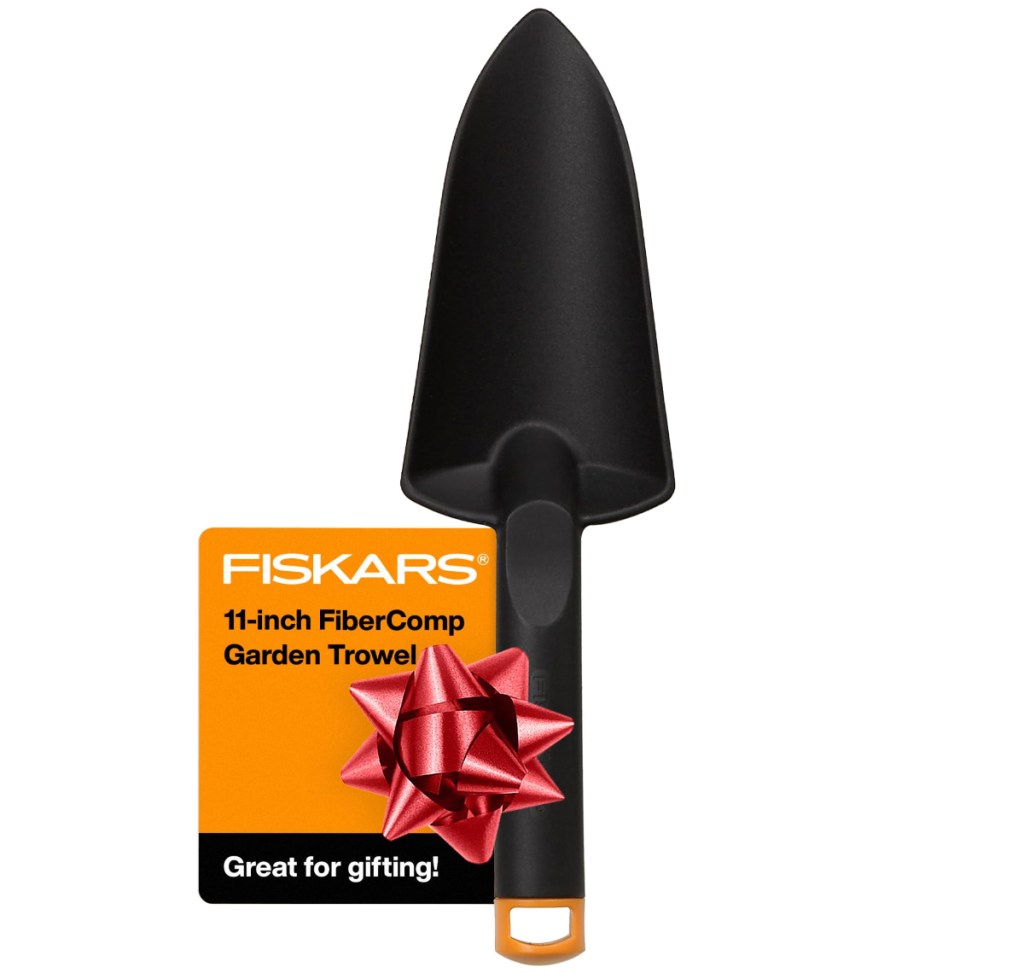 black garden trowel with red bow