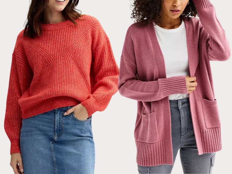 woman wearing a reddish orange crewneck sweater and jeans and woman wearing a mauve pink open long cardigan with a white tee and jeans