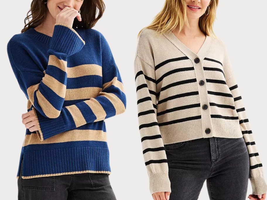 woman wearing a blue and tan wide stripe side slit sweater with jeans and woman wearing a shorter tan and thin black stripe button up balloon sleeve sweater with black jeans