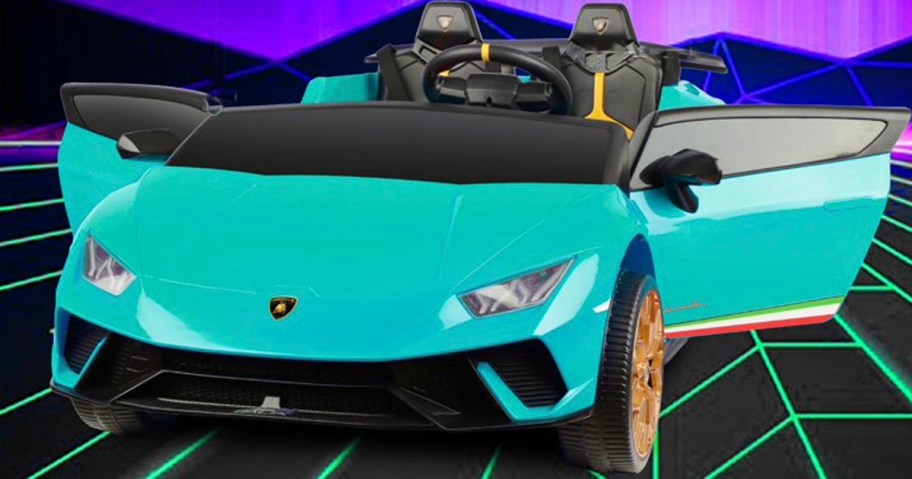 teal lamborghini huracan car with doors open