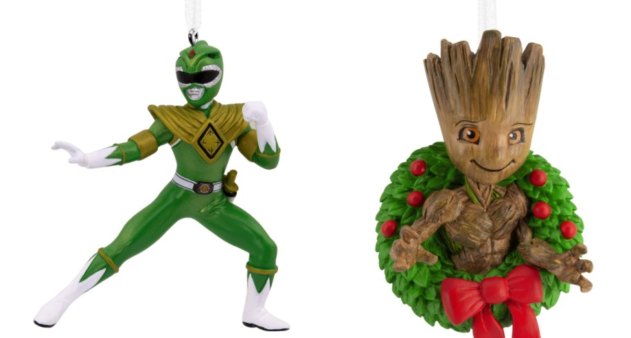 power ranger and groot inside of a wreath ornament