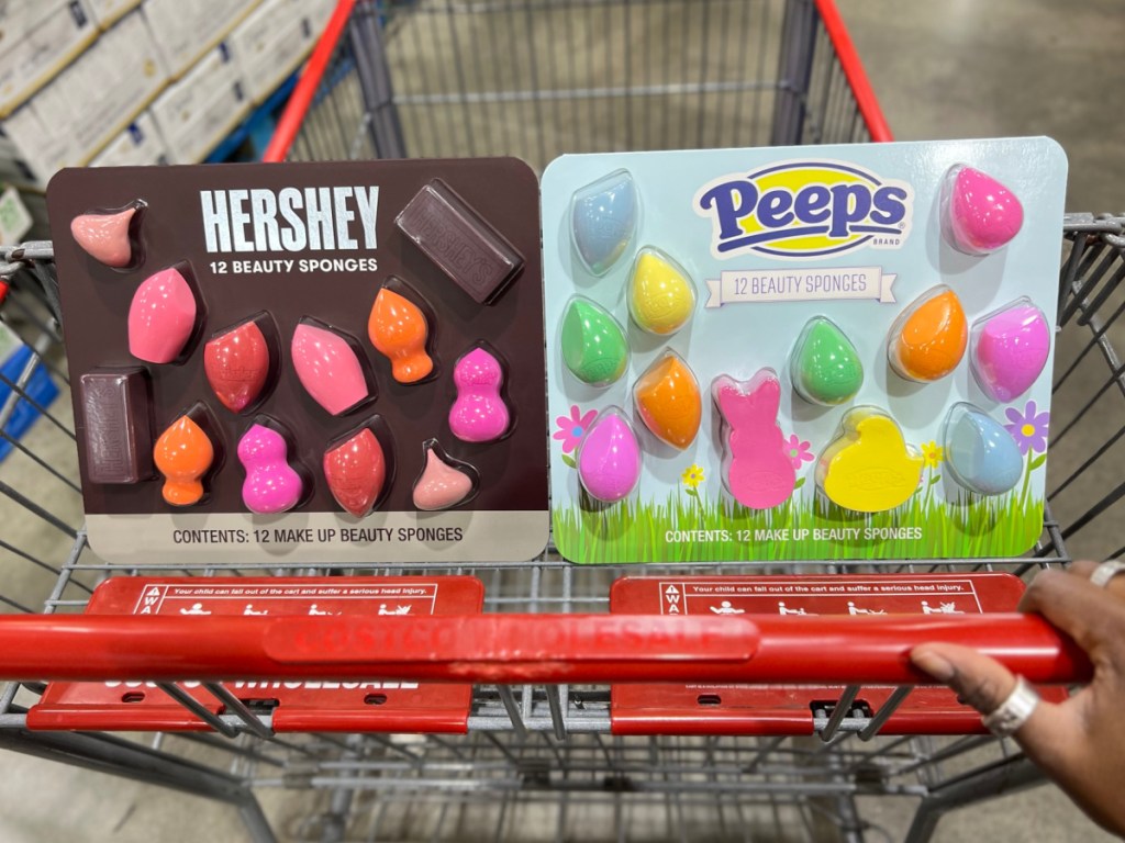  shopping cart with Hersheys beauty sponges and peeps beauty sponges in their packagers