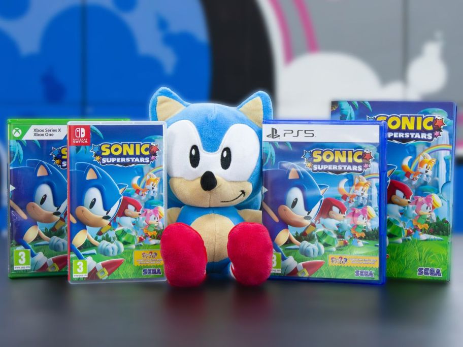 sonic superstars game next to plush