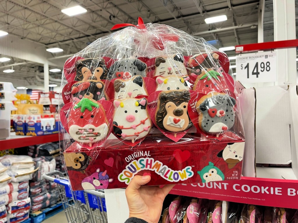 woman holding up squishmallow cookies