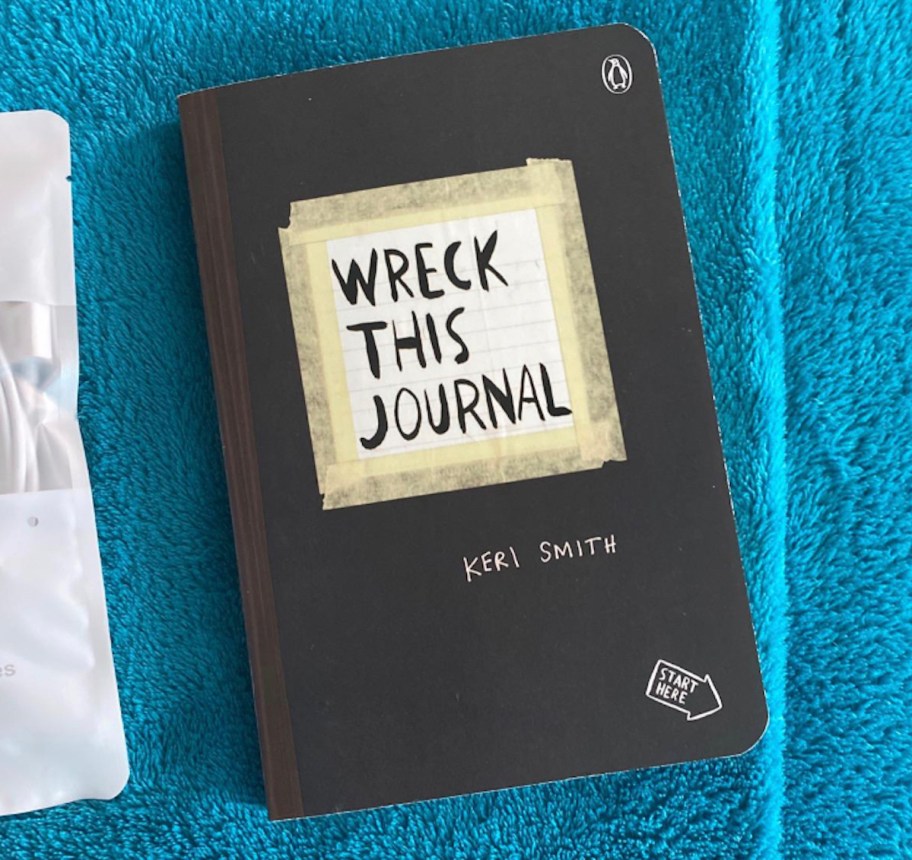 wreck this journal book on blue blanket