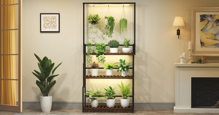 3-Tier Hanging Plant Stand w/ Grow Lights in living room next to fireplace