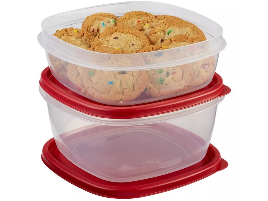 2 large clear Rubbermaid containers with red lids, 1 filled with cookies