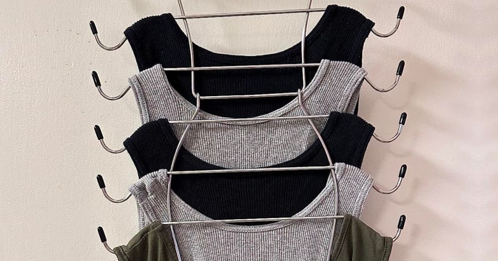 Tank tops hanging on a Clodspac 8-Tier Closet Organizer