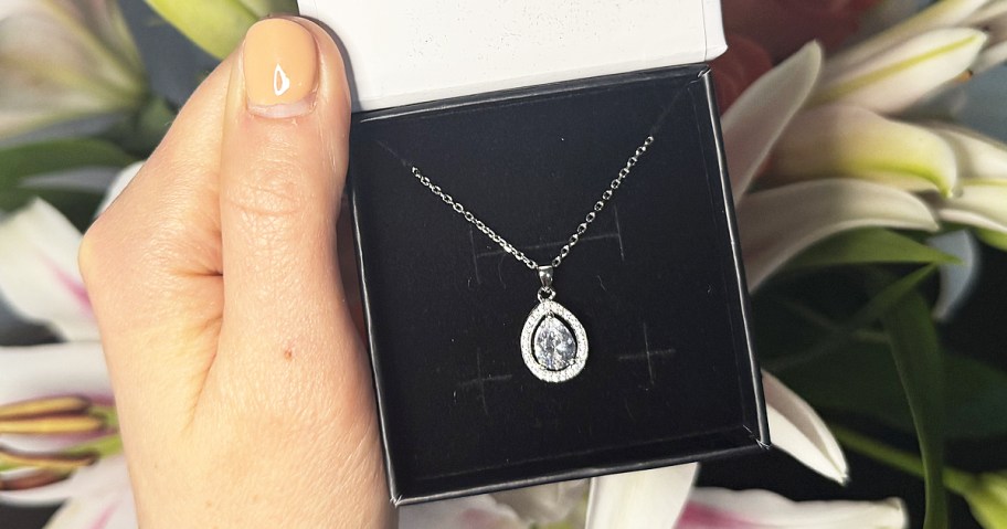hand holding a jewelry box with necklace inside