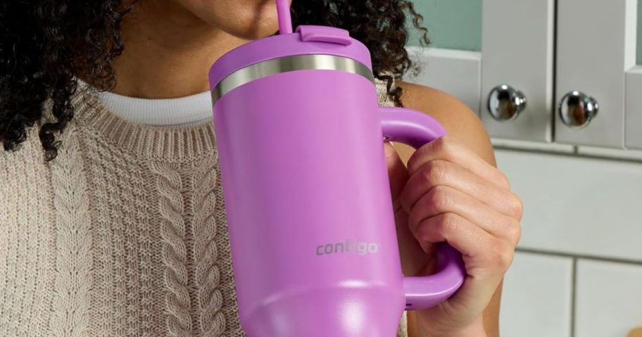 woman drinking out of a Contigo 40oz Tumbler