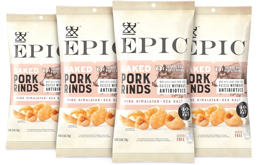 four bags of EPIC Pink Himalayan Salt Pork Rinds