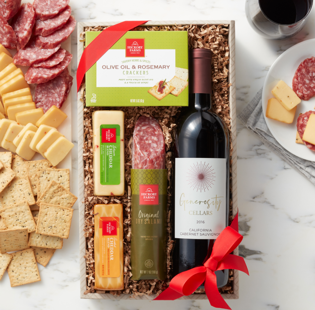 A Hickory Farms Wine and Cheese food basket gift