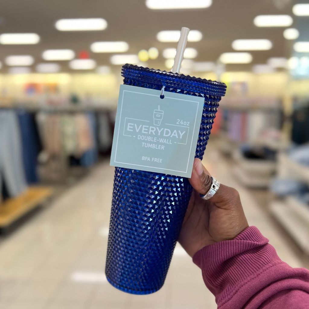 a womans hand displaying a New View Everyday 24oz Studded Double Wall Tumbler in indigo