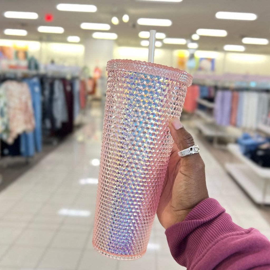 a womans hand displaying a New View Everyday 24oz Studded Double Wall Tumbler pink