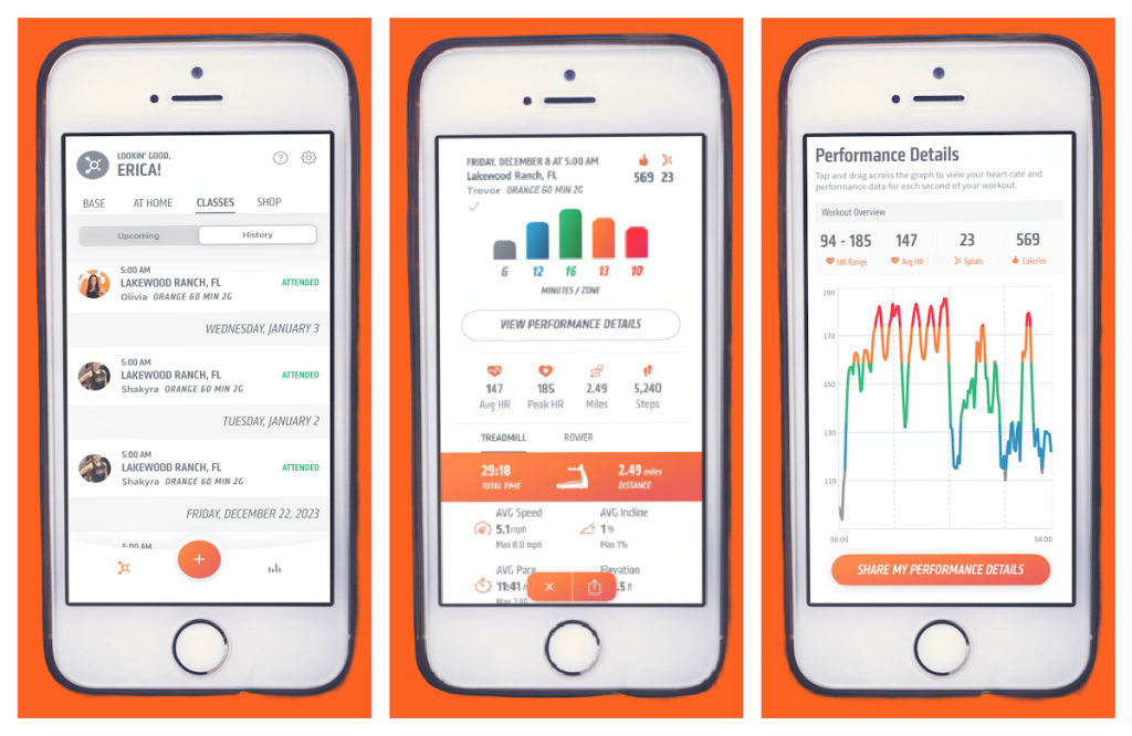 Screenshots from the OrangeTheory Fitness App