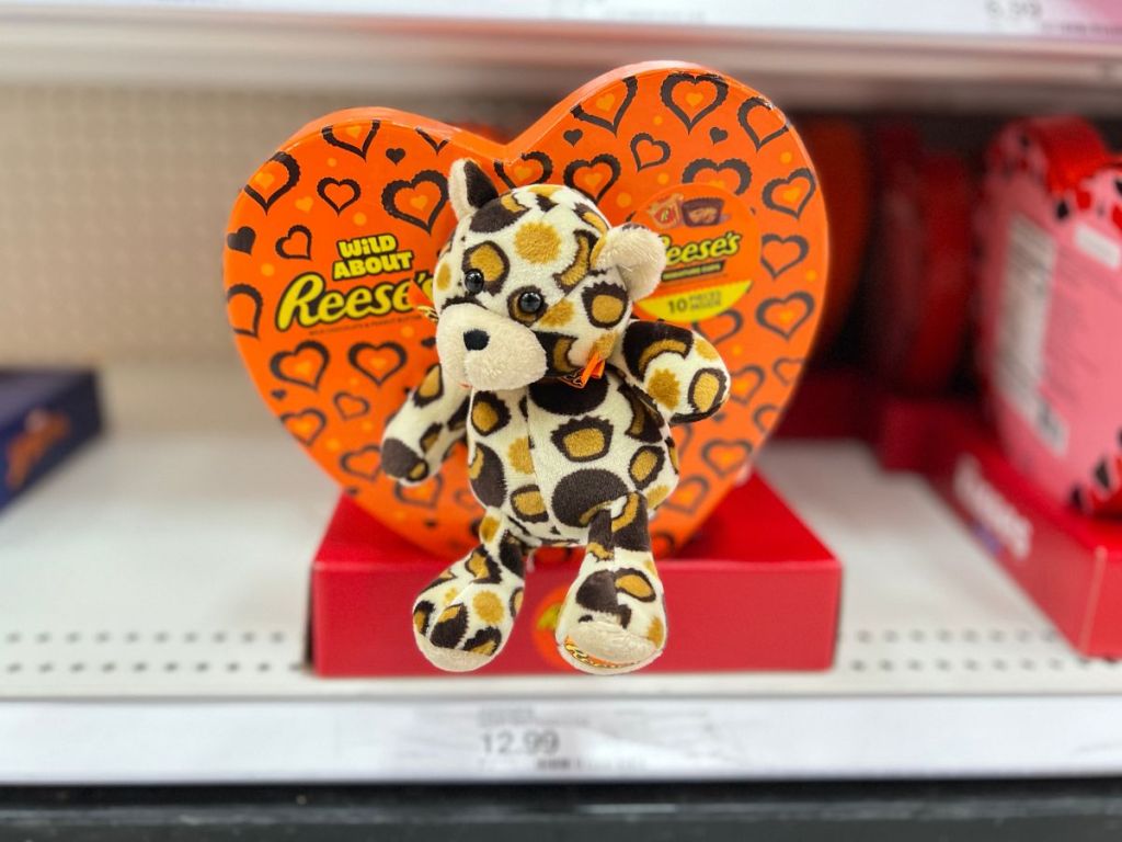 Reese's Valentine's Heart Box with Bear Plush on store shelf