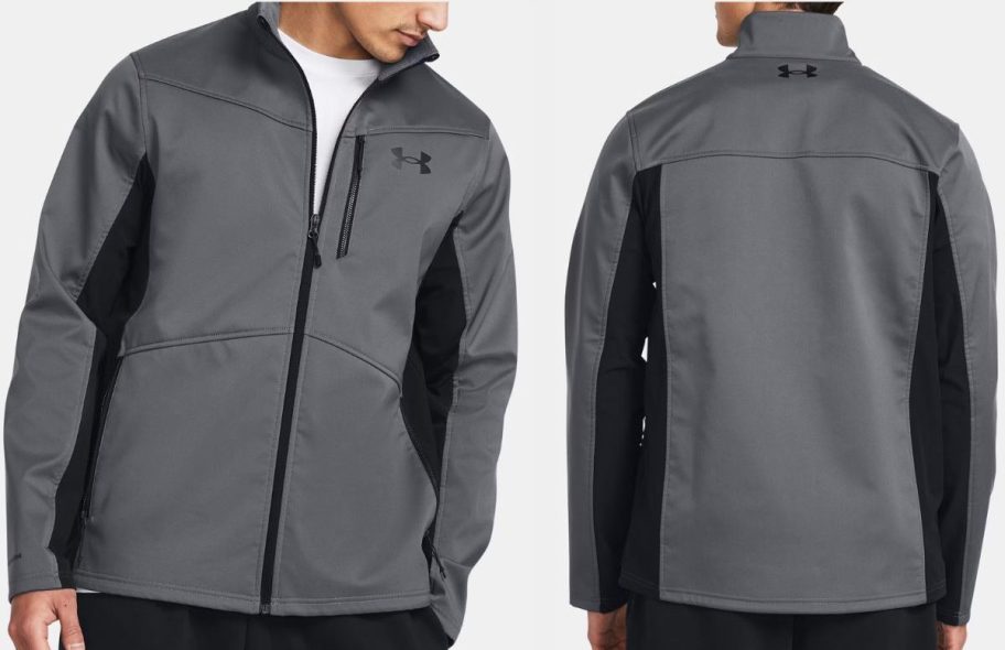 Stock image of a man wearing an under armour jacket with the view of the front and the back