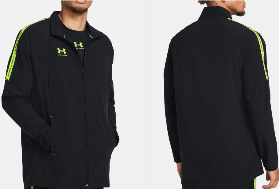 Stock image of athe front and back view of a man wearing an Under Armour Jacket