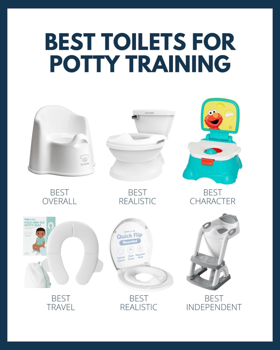 best toilets for potty training graphic with six different kinds of potty training toilets
