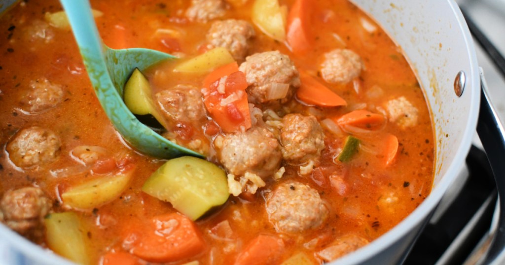 ladle in a pot with albondigas soup