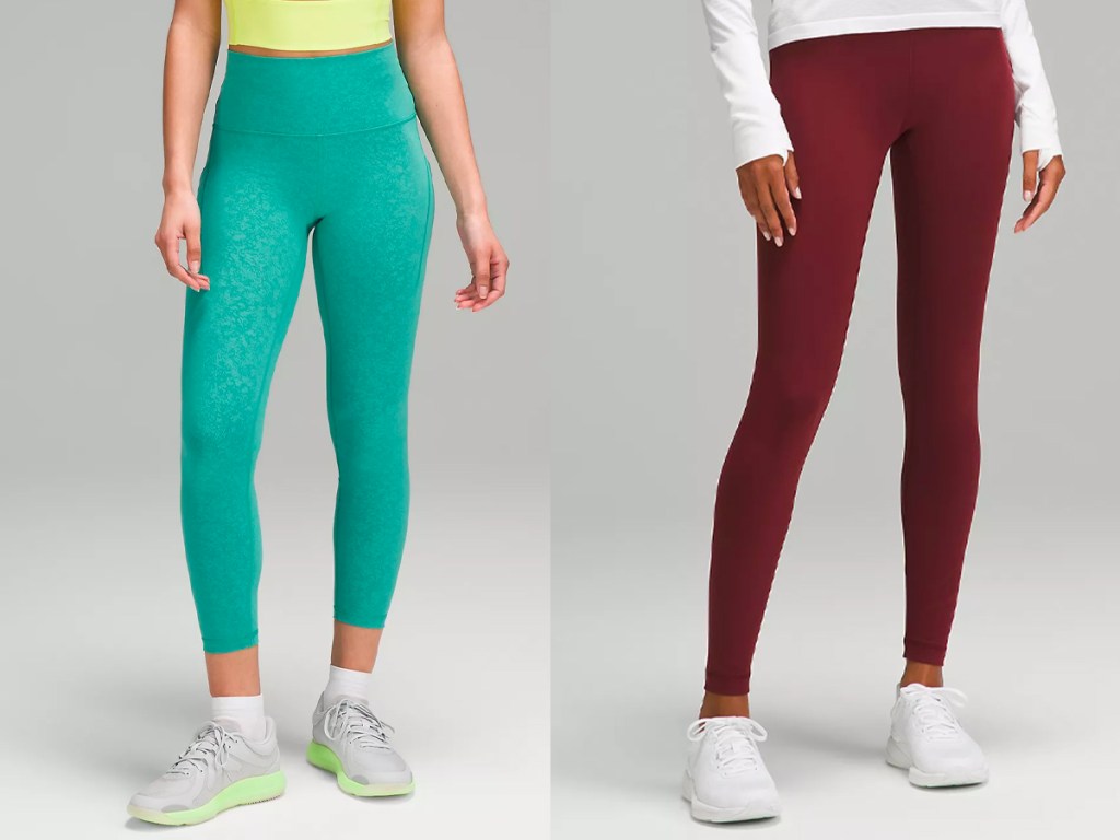 two women wearing teal and maroon lululemon leggings 